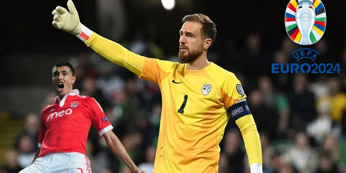 Jan Oblak, arquero de Eslovenia y Óscar Cardozo