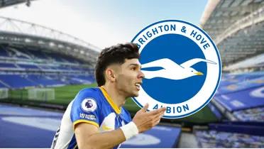 Julio Enciso celebrando un gol con la camiseta del Brighton en la Premier League